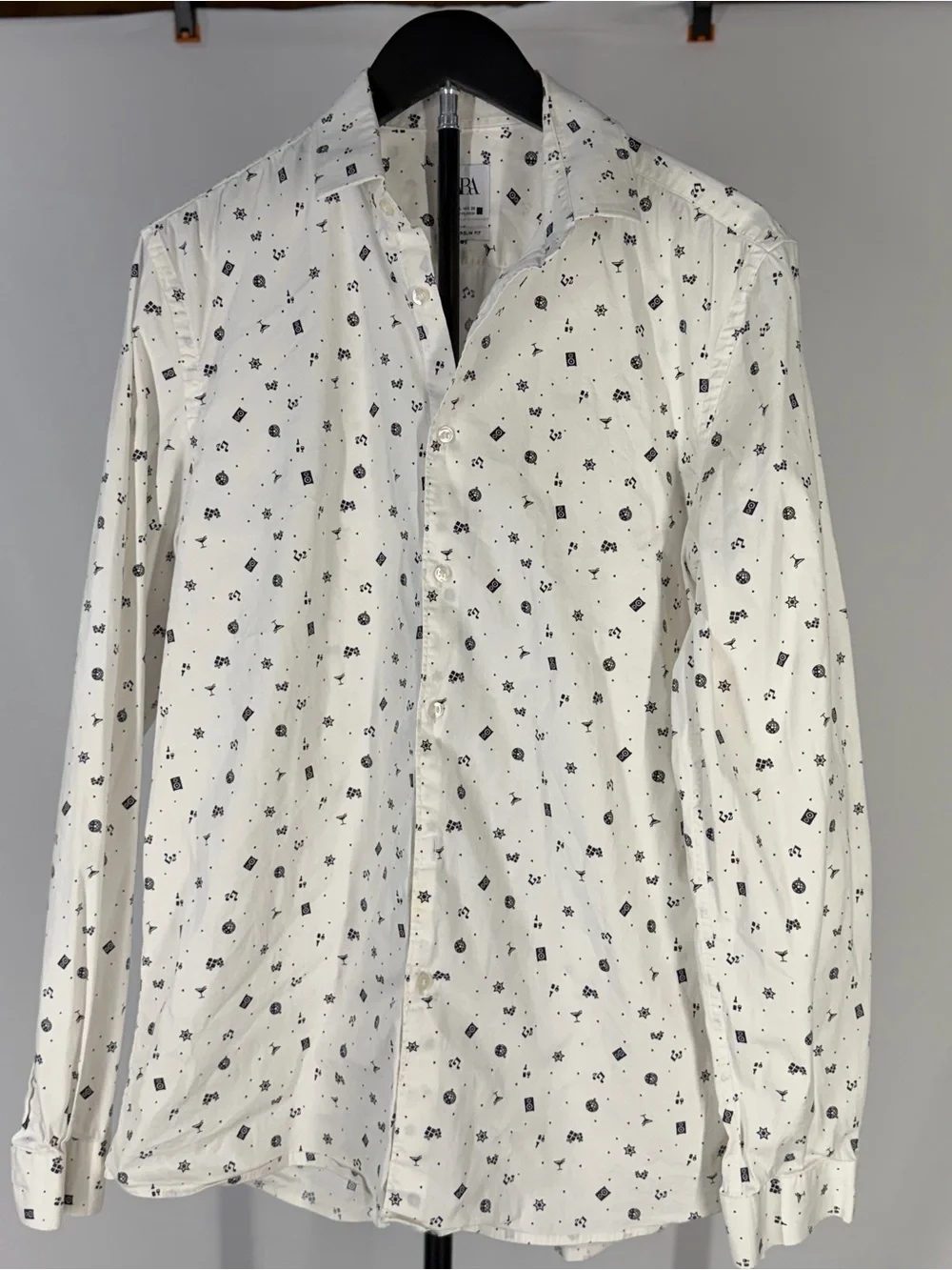Zara White Long-Sleeve Shirt Jacket with Black Micro Motifs